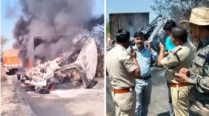 ट्रक और ट्रेलर के बीच जोरदार टक्कर, ट्रेलर के केबिन में फंसे चालक की जिंदा जलकर मौत